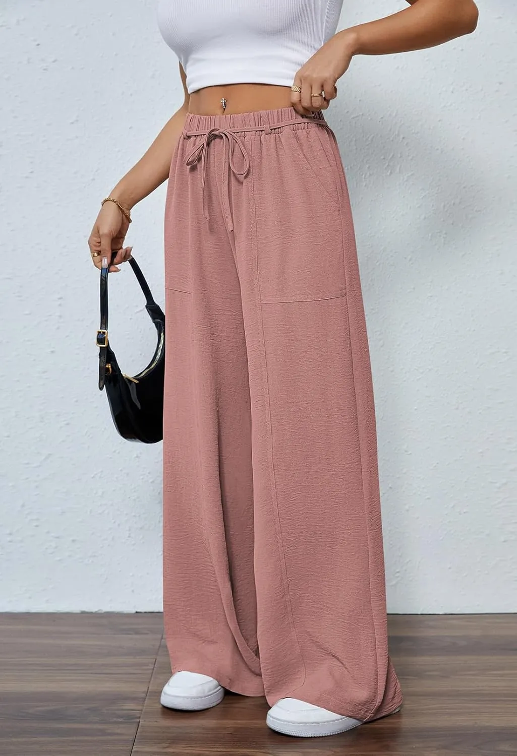 Pink Queen Womens Casual High Waist Pants Drawstring Loose Fit Summer Work Pants Trousers with Side Pockets