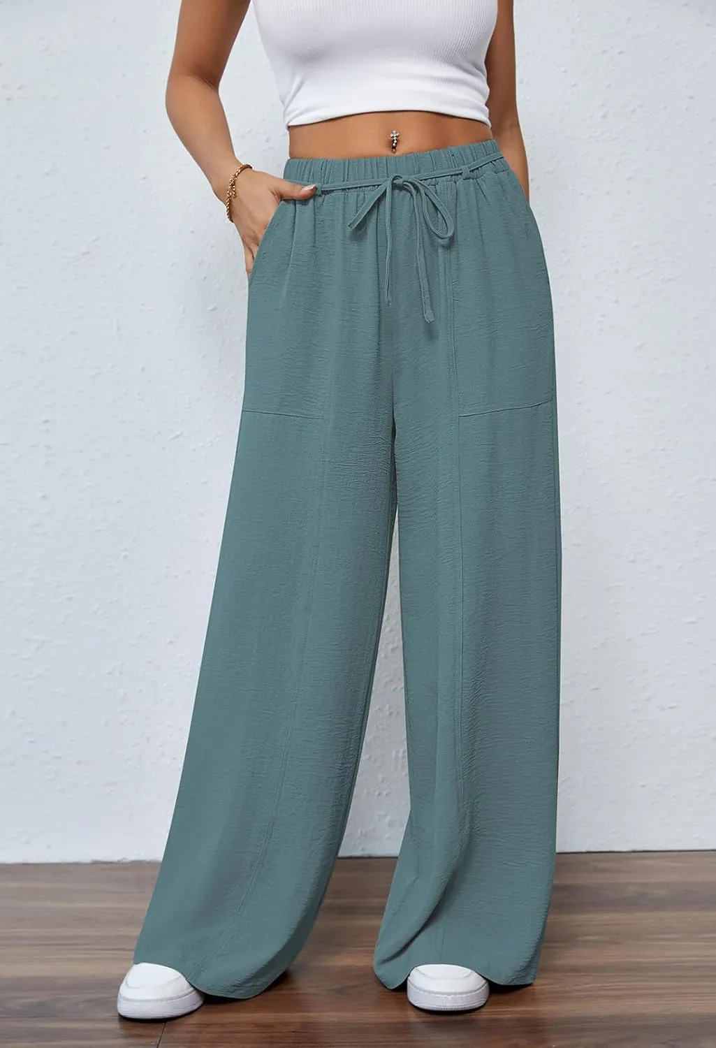 Pink Queen Womens Casual High Waist Pants Drawstring Loose Fit Summer Work Pants Trousers with Side Pockets