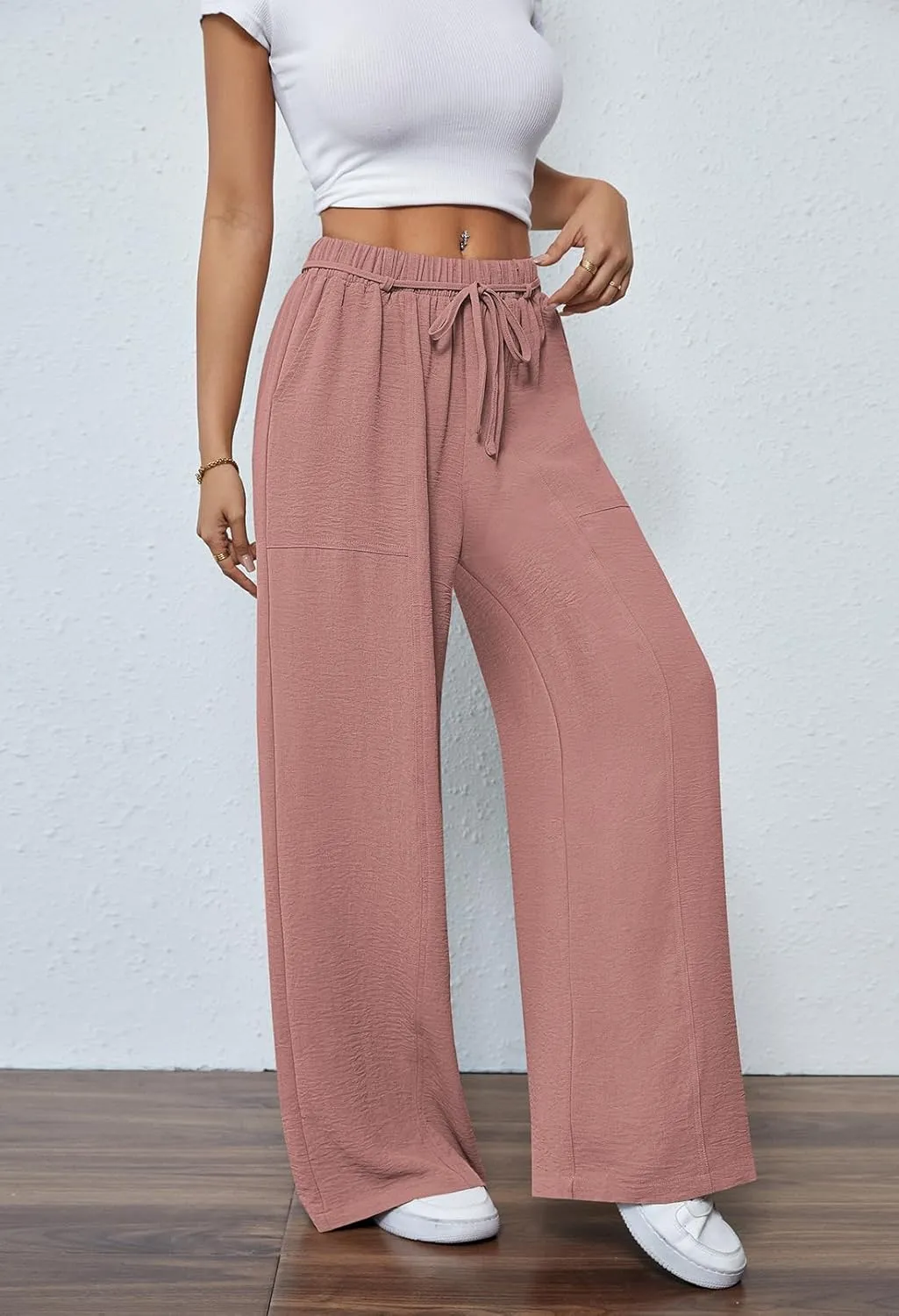 Pink Queen Womens Casual High Waist Pants Drawstring Loose Fit Summer Work Pants Trousers with Side Pockets