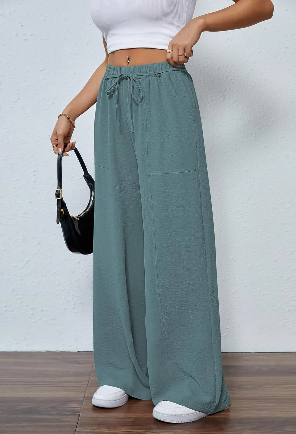 Pink Queen Womens Casual High Waist Pants Drawstring Loose Fit Summer Work Pants Trousers with Side Pockets