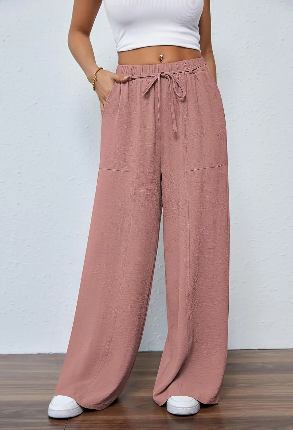Pink Queen Womens Casual High Waist Pants Drawstring Loose Fit Summer Work Pants Trousers with Side Pockets