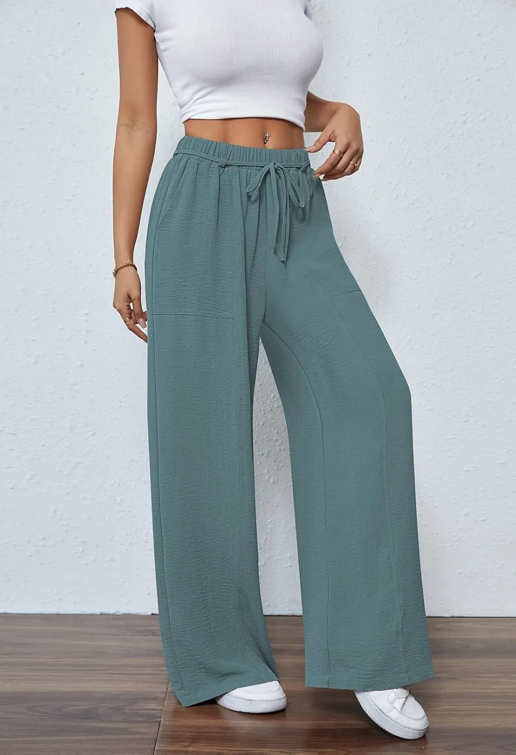 Pink Queen Womens Casual High Waist Pants Drawstring Loose Fit Summer Work Pants Trousers with Side Pockets