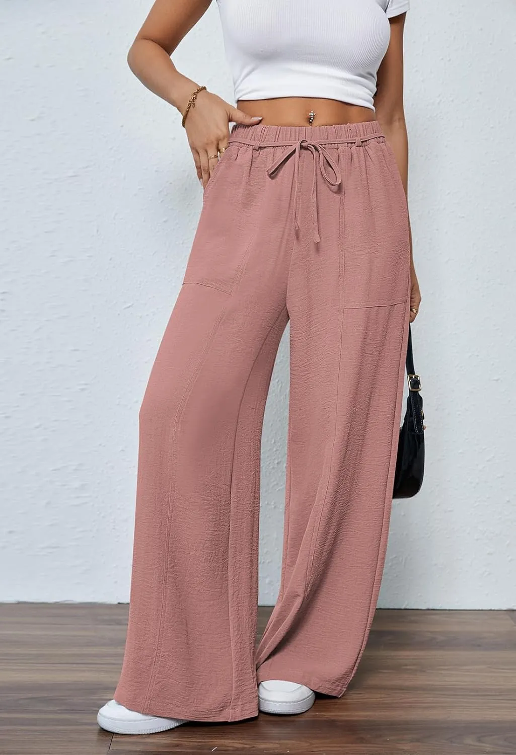 Pink Queen Womens Casual High Waist Pants Drawstring Loose Fit Summer Work Pants Trousers with Side Pockets