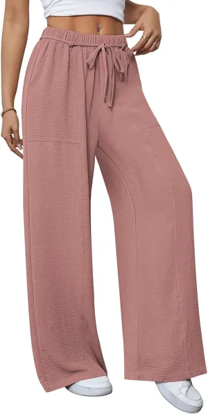 Pink Queen Womens Casual High Waist Pants Drawstring Loose Fit Summer Work Pants Trousers with Side Pockets