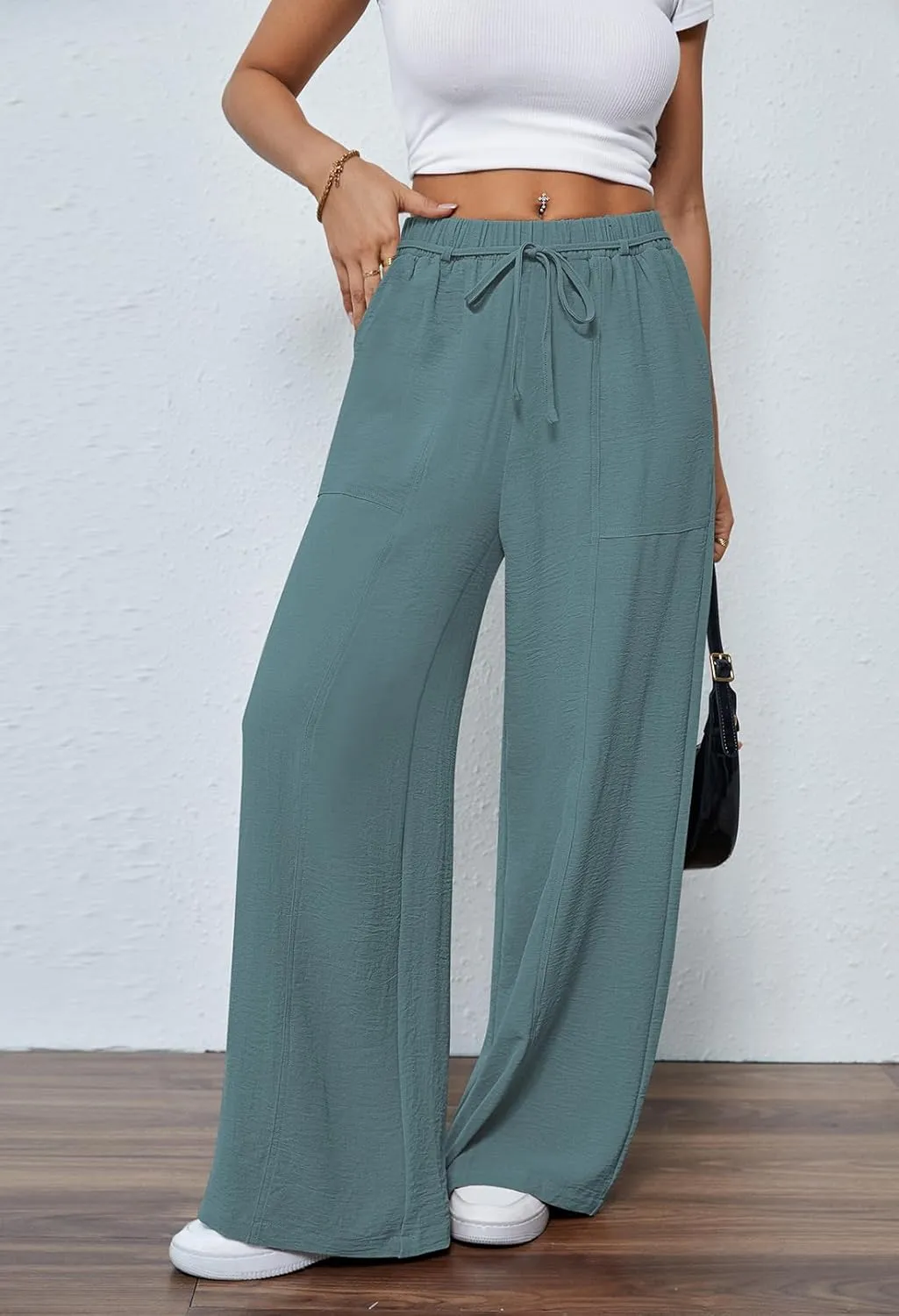 Pink Queen Womens Casual High Waist Pants Drawstring Loose Fit Summer Work Pants Trousers with Side Pockets