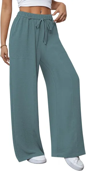Pink Queen Womens Casual High Waist Pants Drawstring Loose Fit Summer Work Pants Trousers with Side Pockets