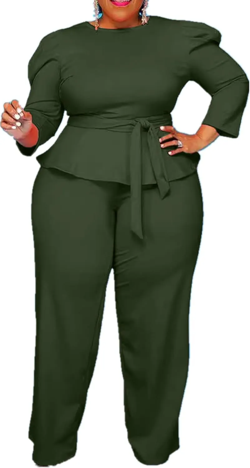 Plus Size 2 Piece Wide Leg Pants Set for Women Casual Long Sleeve Shirt Long Pant Sets Sexy With Belt