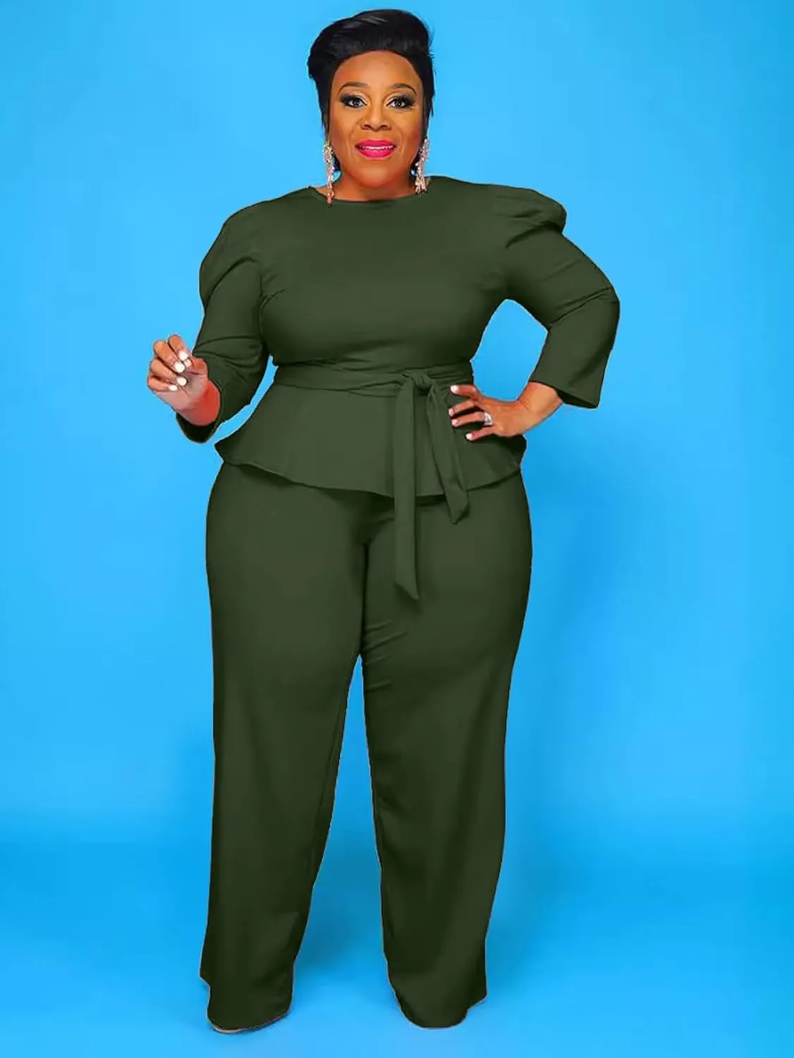 Plus Size 2 Piece Wide Leg Pants Set for Women Casual Long Sleeve Shirt Long Pant Sets Sexy With Belt