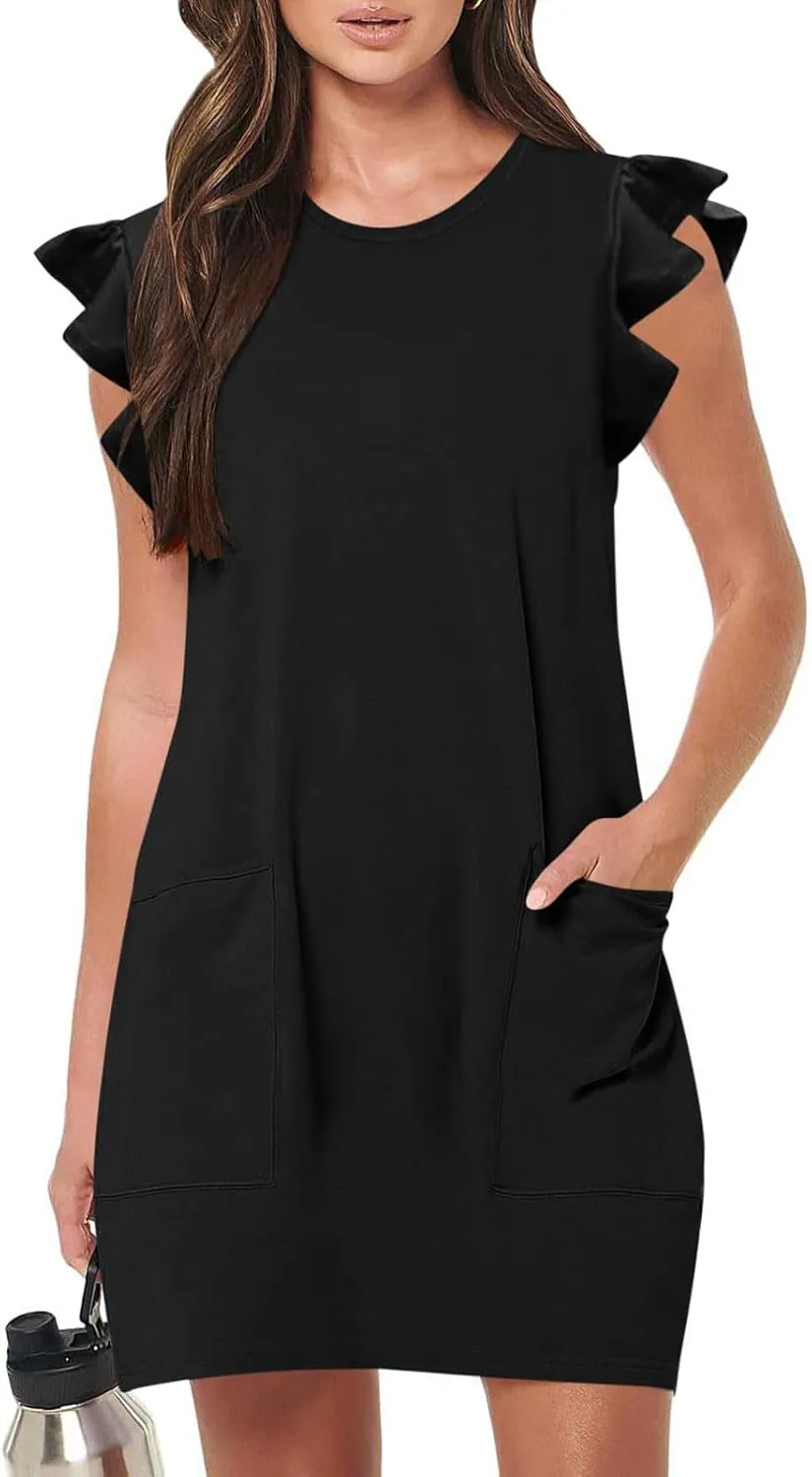 Pocket Womens Summer 2024 Dresses A Line Ruffle Cap Short Sleeve Casual Petite Mini Dress Flowy Sundress Cute Party