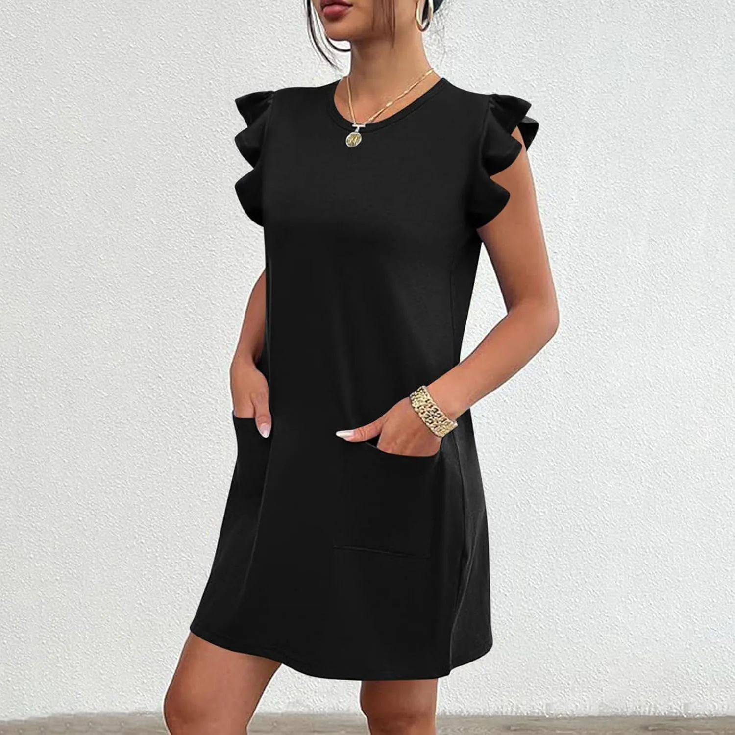 Pocket Womens Summer 2024 Dresses A Line Ruffle Cap Short Sleeve Casual Petite Mini Dress Flowy Sundress Cute Party