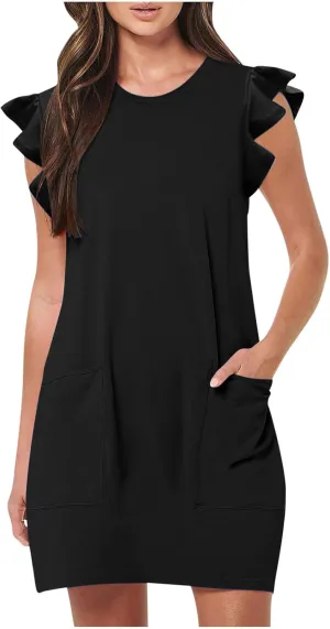 Pocket Womens Summer 2024 Dresses A Line Ruffle Cap Short Sleeve Casual Petite Mini Dress Flowy Sundress Cute Party