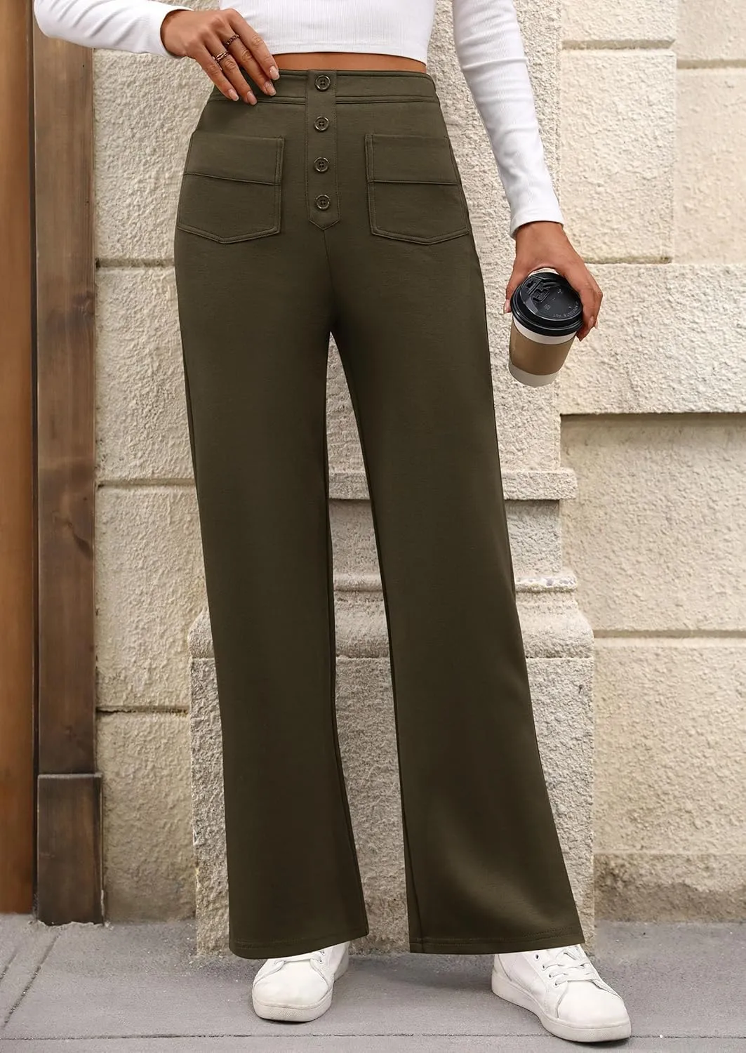 PRETTYGARDEN Women's Dressy Casual Dress Pants Straight Leg High Elastic Waisted Stretch Trouser Slacks