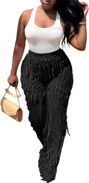 PRIVIMIX Women High Waist Sexy See Through Ruffle Wide Leg Palazzo Pants Stretchy Tassel Long Sheer Mesh Trousers