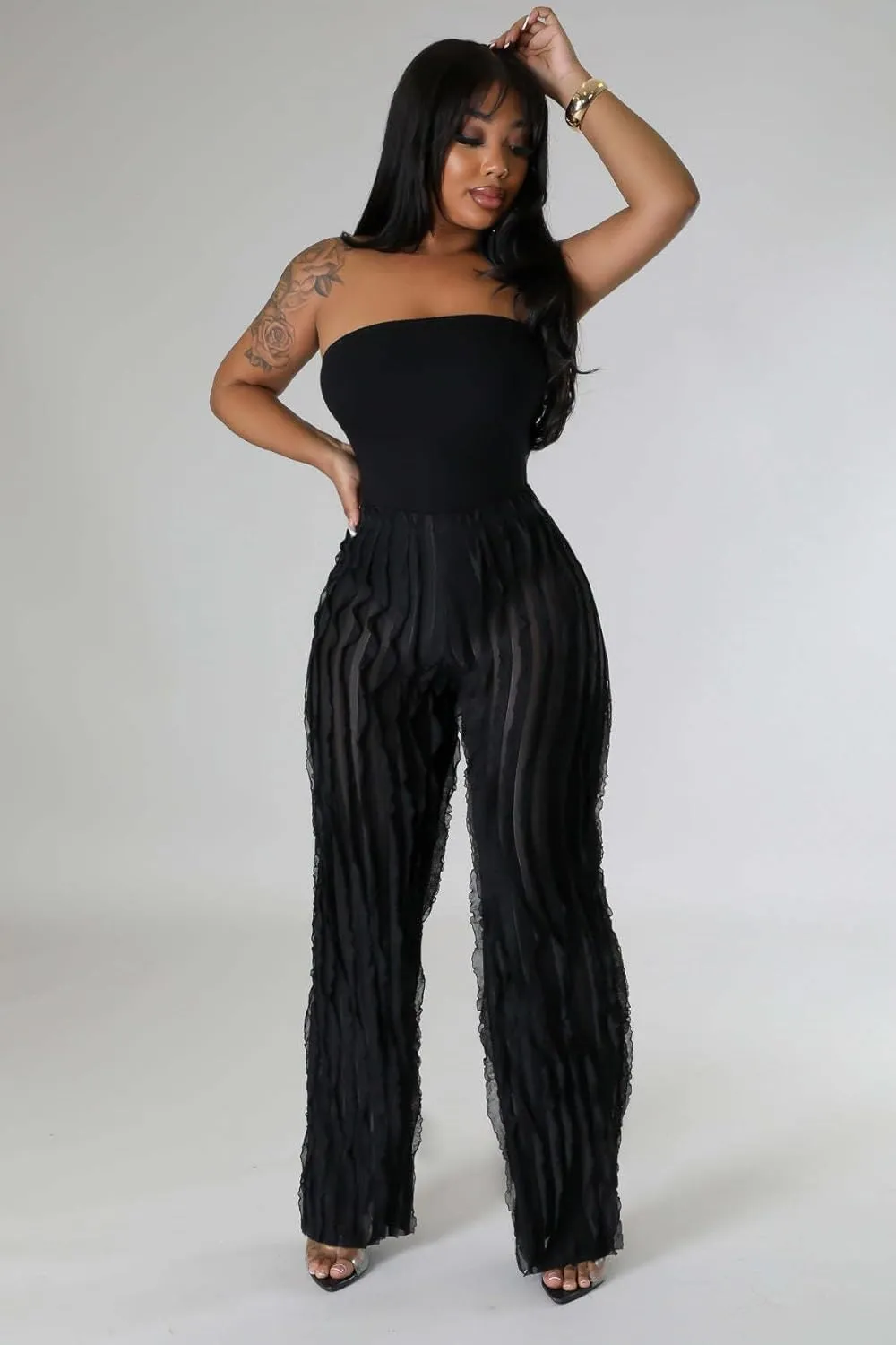 PRIVIMIX Women High Waist Sexy See Through Ruffle Wide Leg Palazzo Pants Stretchy Tassel Long Sheer Mesh Trousers
