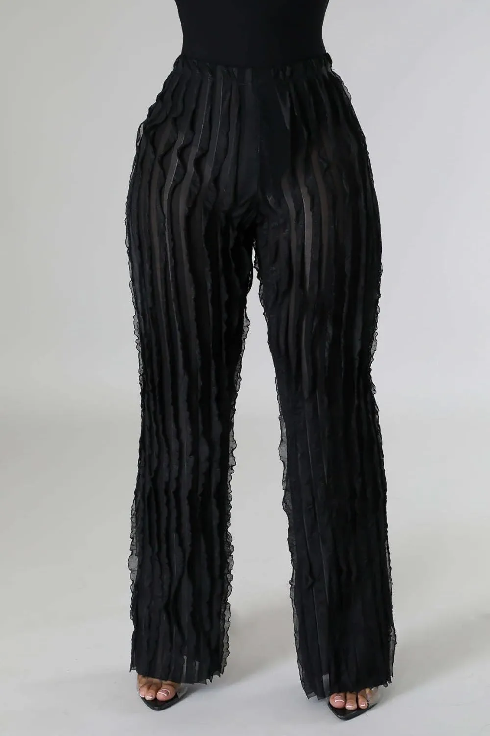 PRIVIMIX Women High Waist Sexy See Through Ruffle Wide Leg Palazzo Pants Stretchy Tassel Long Sheer Mesh Trousers
