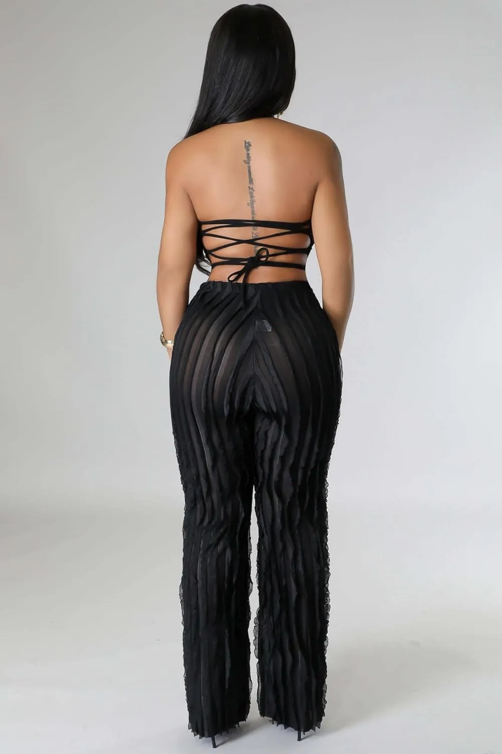 PRIVIMIX Women High Waist Sexy See Through Ruffle Wide Leg Palazzo Pants Stretchy Tassel Long Sheer Mesh Trousers