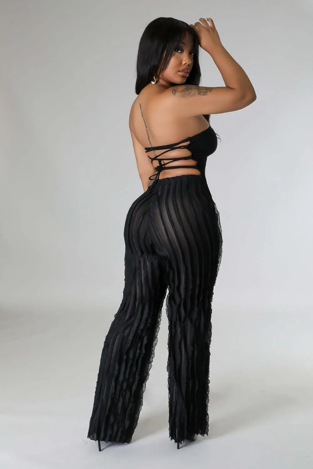PRIVIMIX Women High Waist Sexy See Through Ruffle Wide Leg Palazzo Pants Stretchy Tassel Long Sheer Mesh Trousers