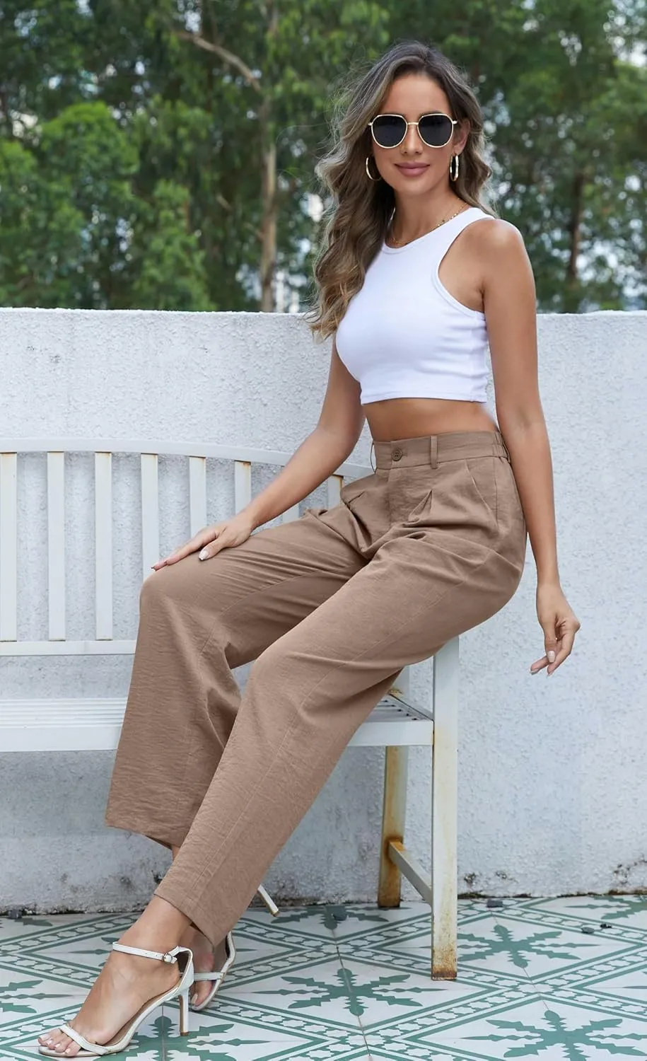 QUEZHU Women's Fall Straight Leg Pants Elastic Waisted in The Back Business Casual Trousers Long Wide Pants Trendy 2024