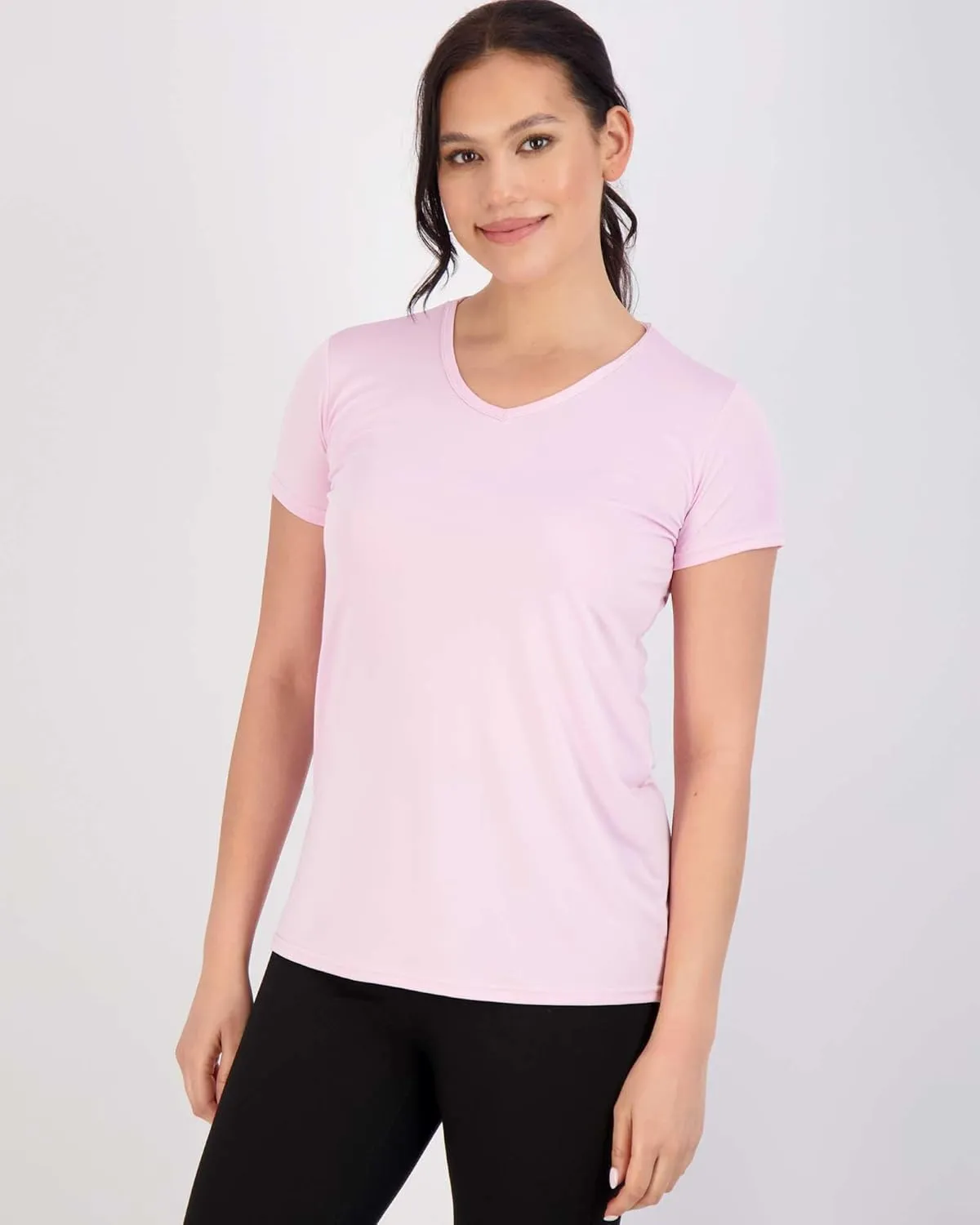 Real Essentials 5 Pack: Women's Short Sleeve V-Neck Activewear T-Shirt Dry-Fit Wicking Yoga Top (Available in Plus)