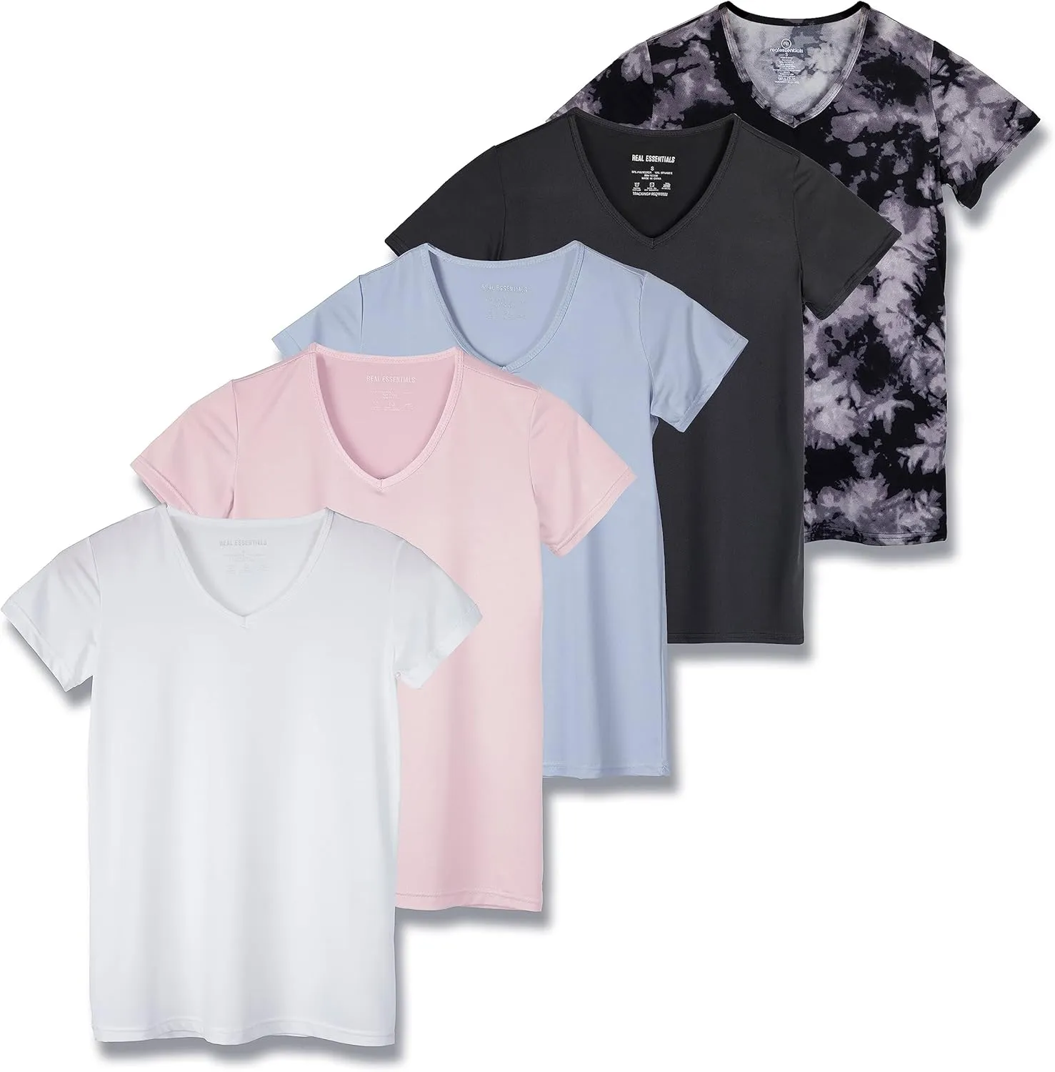 Real Essentials 5 Pack: Women's Short Sleeve V-Neck Activewear T-Shirt Dry-Fit Wicking Yoga Top (Available in Plus)