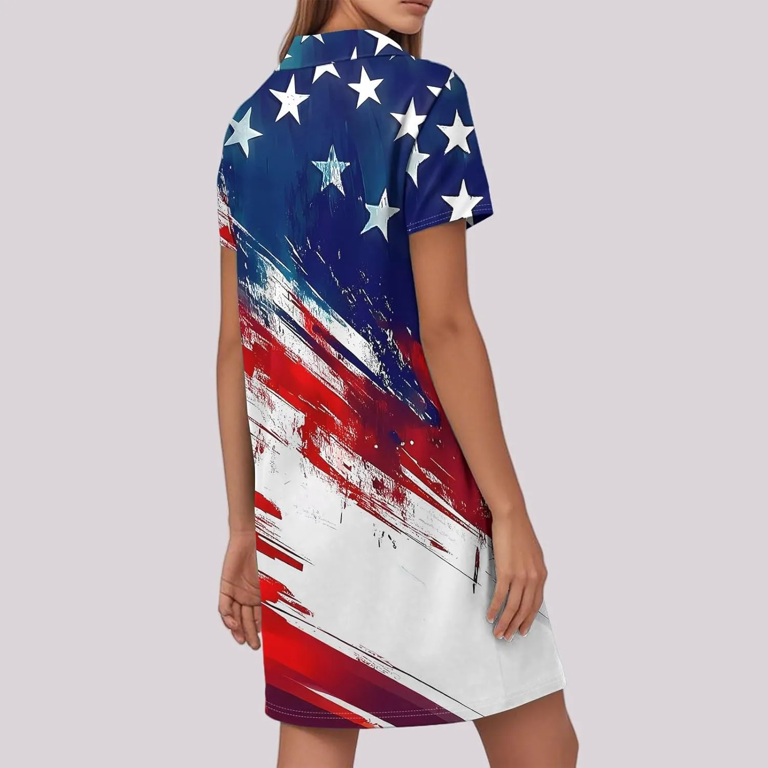 Red White and Blue Summer Dress for Women 4Th of July Tshirt Dress Midi Collared V Neck Short Sleeve A Line Dresses