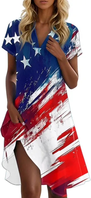Red White and Blue Summer Dress for Women 4Th of July Tshirt Dress Midi Collared V Neck Short Sleeve A Line Dresses