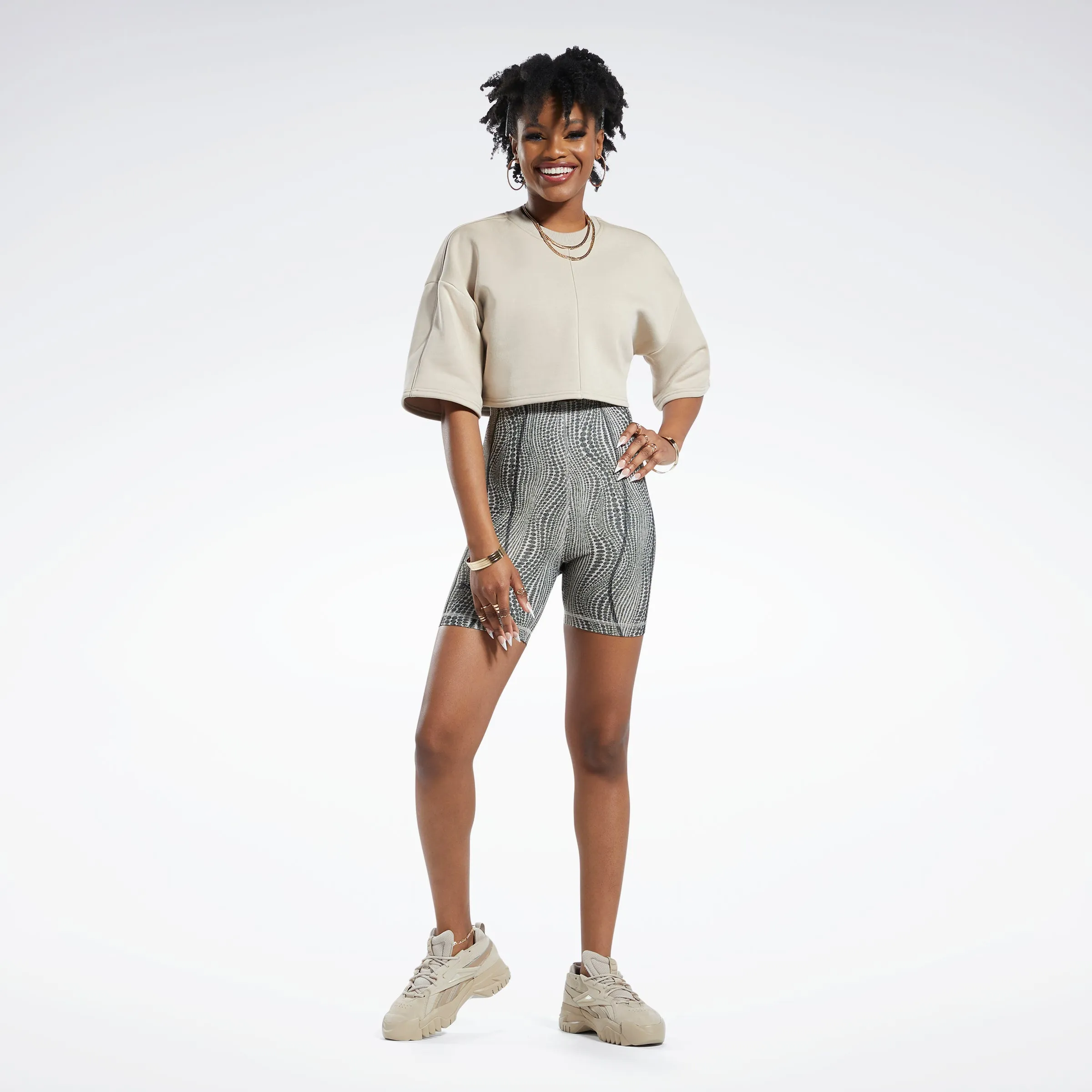 Reebok Apparel Women Reebok Cardi B Crop T-Sweatshirt Modern Beige