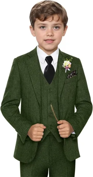 Retro 3 Piece Boys Suit Tweed Herringbone Boy Suits Slim Fit Dress Tuxedos Set Prom Teens Kids Jacket Blazer Vest Pants