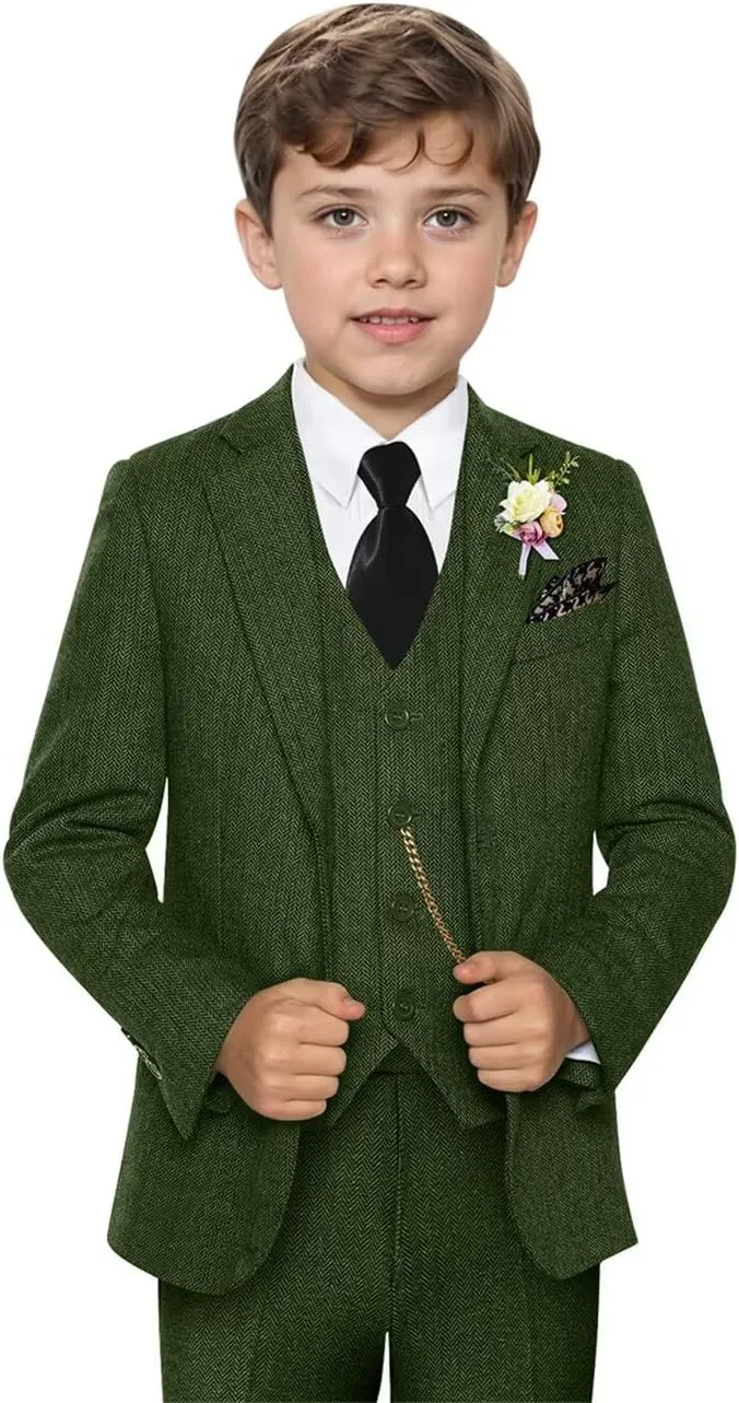 Retro 3 Piece Boys Suit Tweed Herringbone Boy Suits Slim Fit Dress Tuxedos Set Prom Teens Kids Jacket Blazer Vest Pants