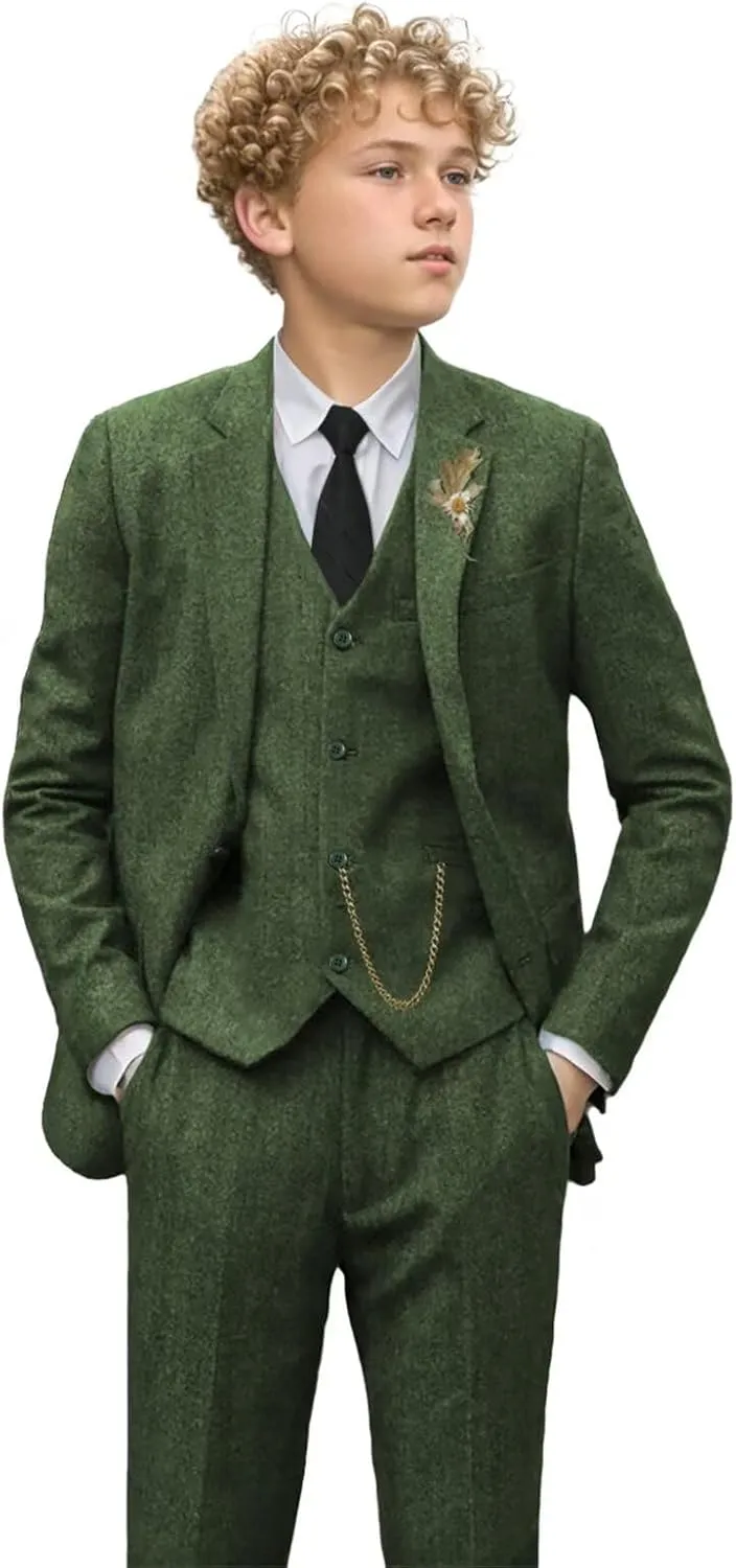 Retro 3 Piece Boys Suit Tweed Herringbone Boy Suits Slim Fit Dress Tuxedos Set Prom Teens Kids Jacket Blazer Vest Pants