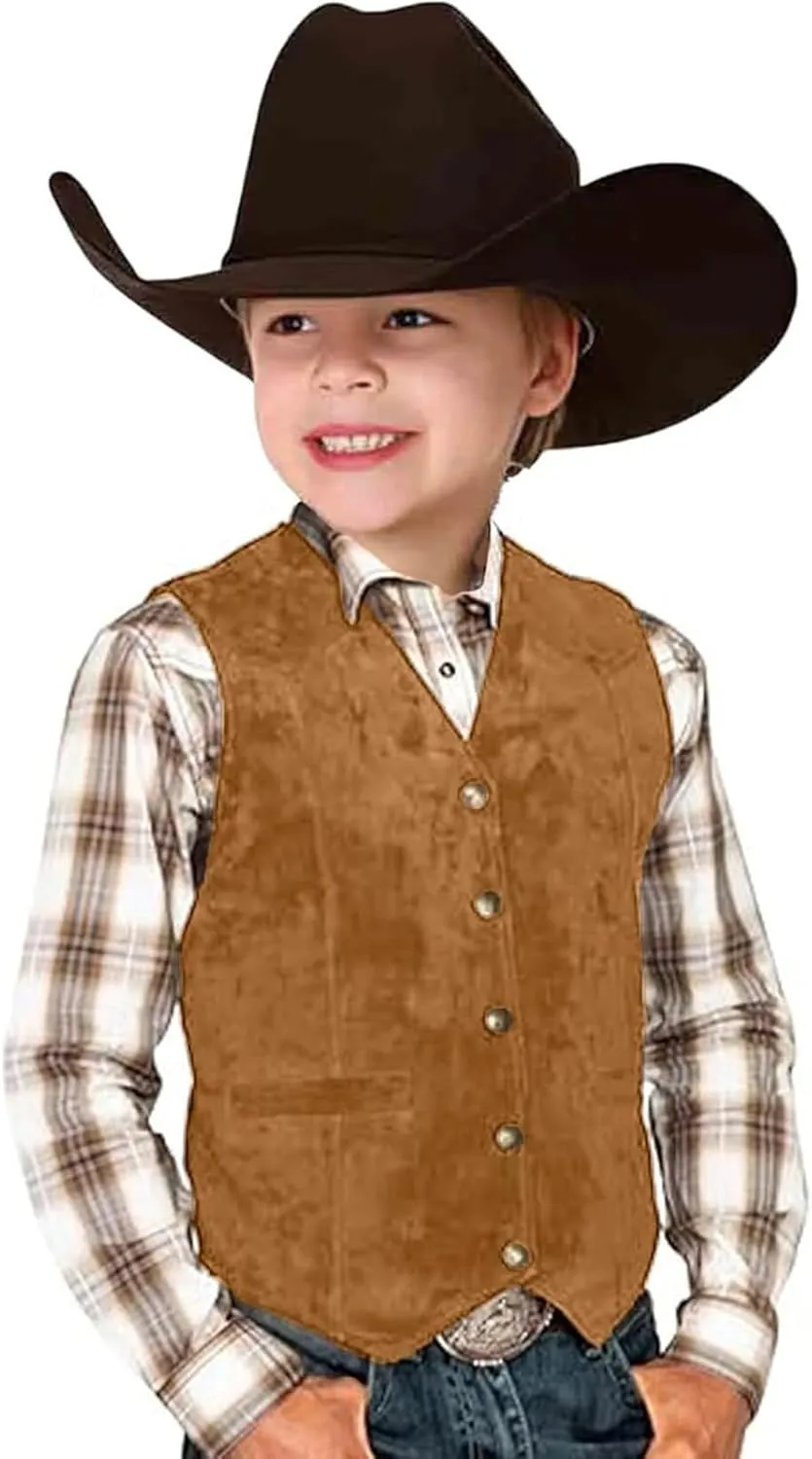 Retro Boys Western Vest Suede Cowboy Style Vest Casual V Neck Vintage Waist Coat