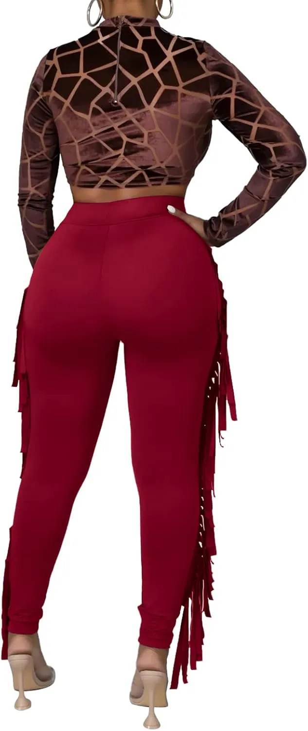 Rimhold Women's Fringe High Waist Solid Bodycon Side Tassel Pants Yoga Sweatpants Bandage Pants