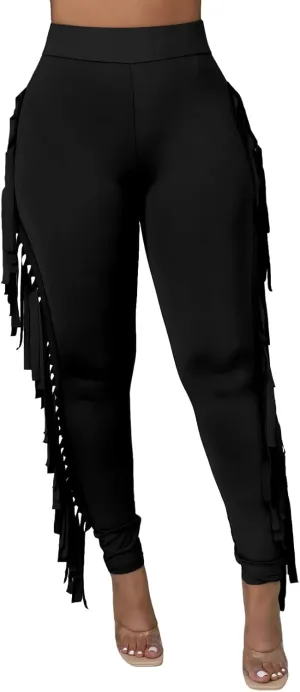 Rimhold Women's Fringe High Waist Solid Bodycon Side Tassel Pants Yoga Sweatpants Bandage Pants