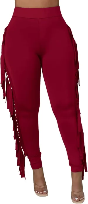 Rimhold Women's Fringe High Waist Solid Bodycon Side Tassel Pants Yoga Sweatpants Bandage Pants