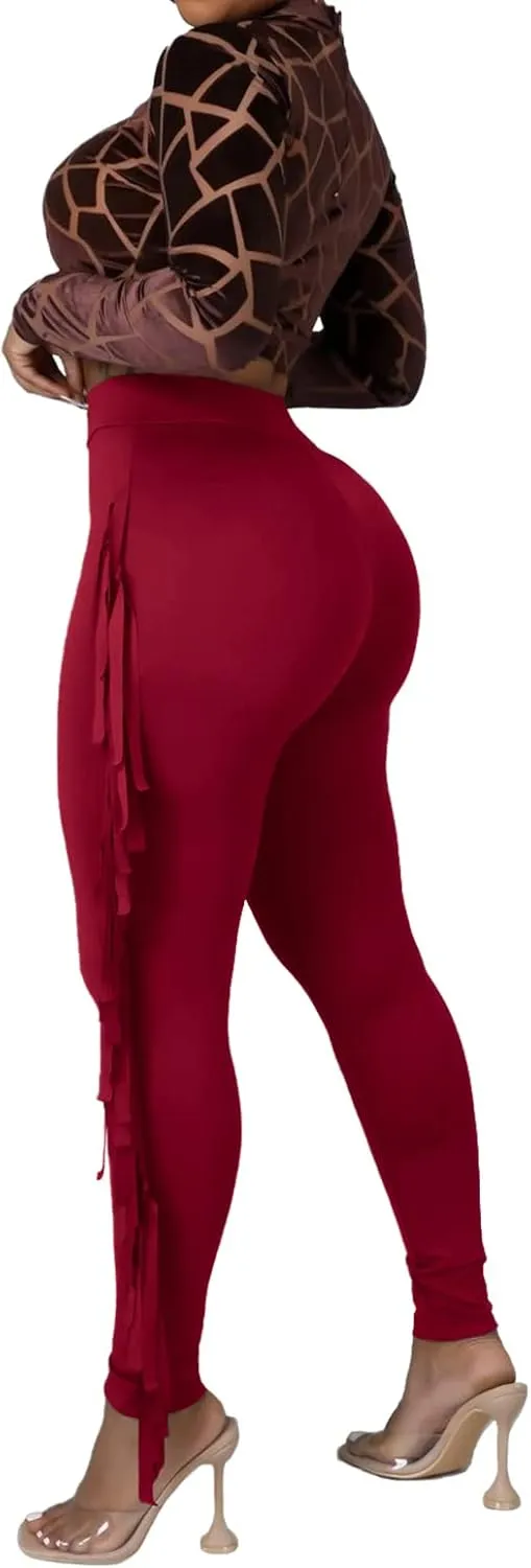 Rimhold Women's Fringe High Waist Solid Bodycon Side Tassel Pants Yoga Sweatpants Bandage Pants