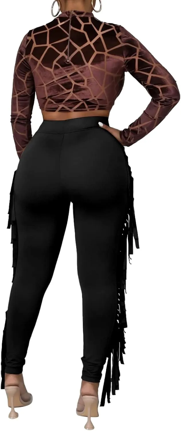 Rimhold Women's Fringe High Waist Solid Bodycon Side Tassel Pants Yoga Sweatpants Bandage Pants