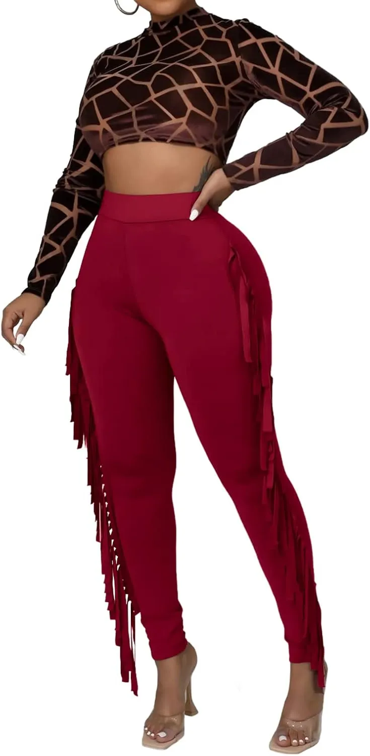 Rimhold Women's Fringe High Waist Solid Bodycon Side Tassel Pants Yoga Sweatpants Bandage Pants