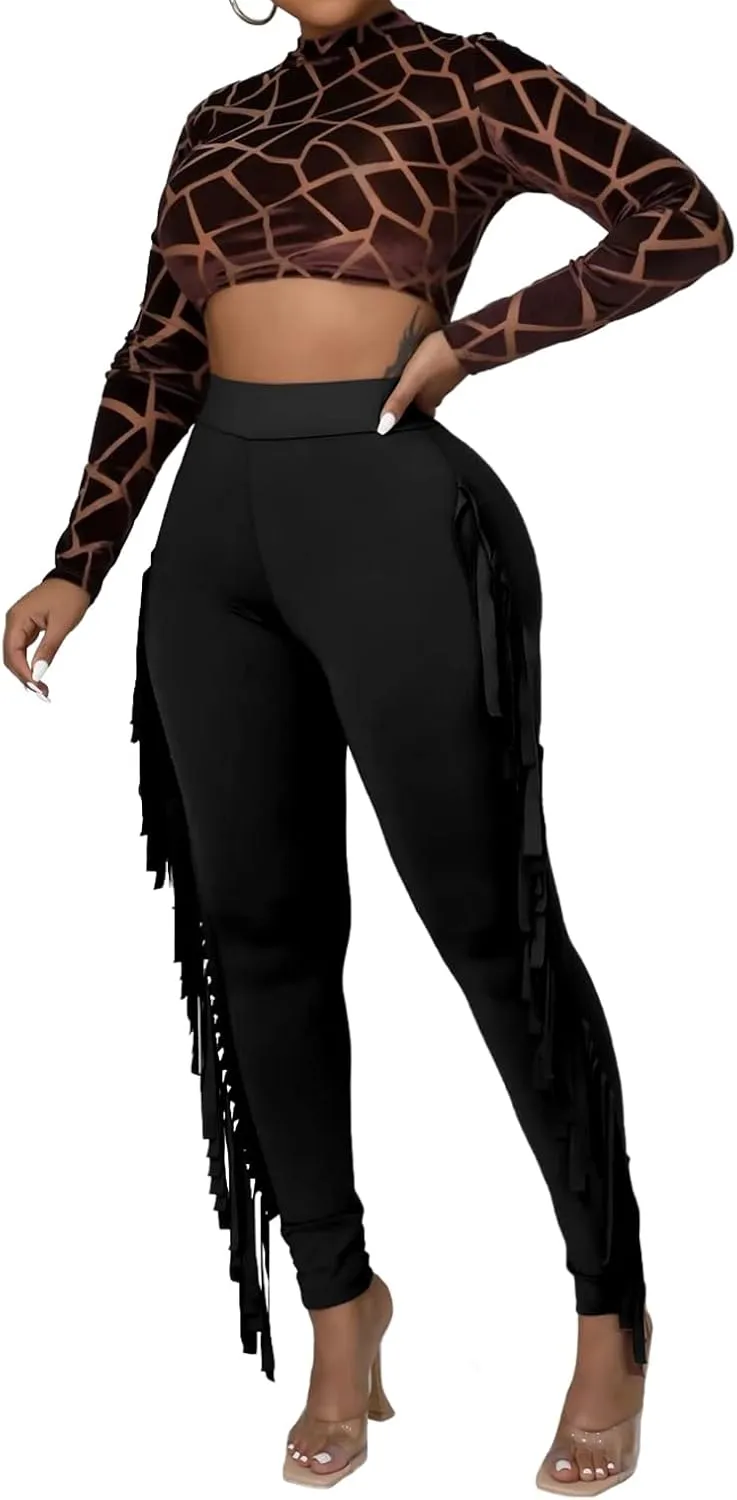 Rimhold Women's Fringe High Waist Solid Bodycon Side Tassel Pants Yoga Sweatpants Bandage Pants