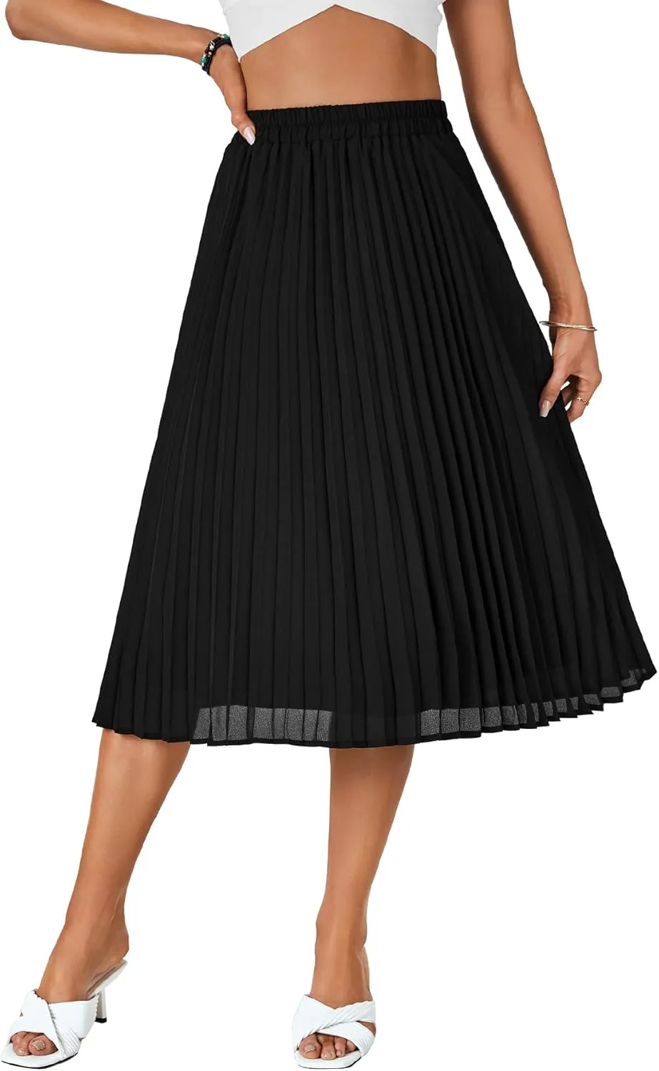 Rooscier Women's High Elastic Waist Pleated Chiffon Skirt Swing A-line Midi Skirts