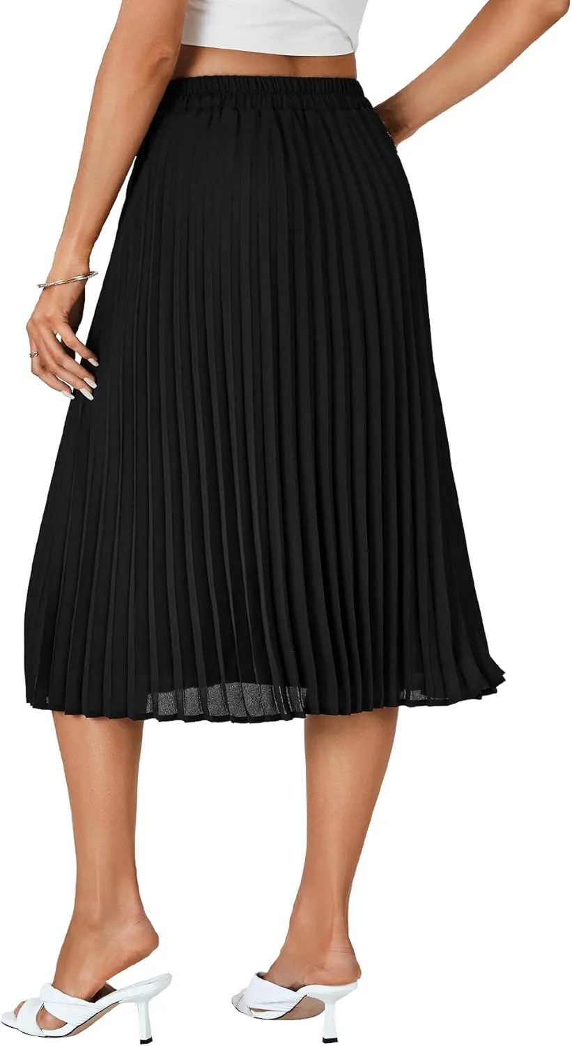 Rooscier Women's High Elastic Waist Pleated Chiffon Skirt Swing A-line Midi Skirts