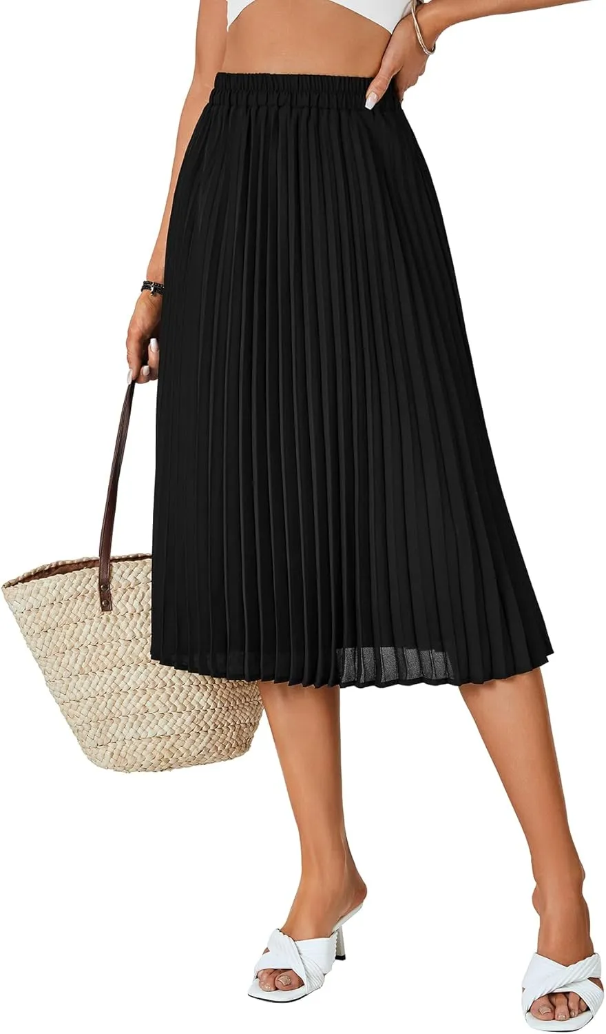 Rooscier Women's High Elastic Waist Pleated Chiffon Skirt Swing A-line Midi Skirts