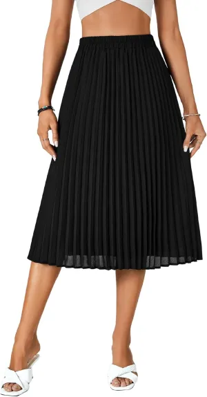 Rooscier Women's High Elastic Waist Pleated Chiffon Skirt Swing A-line Midi Skirts