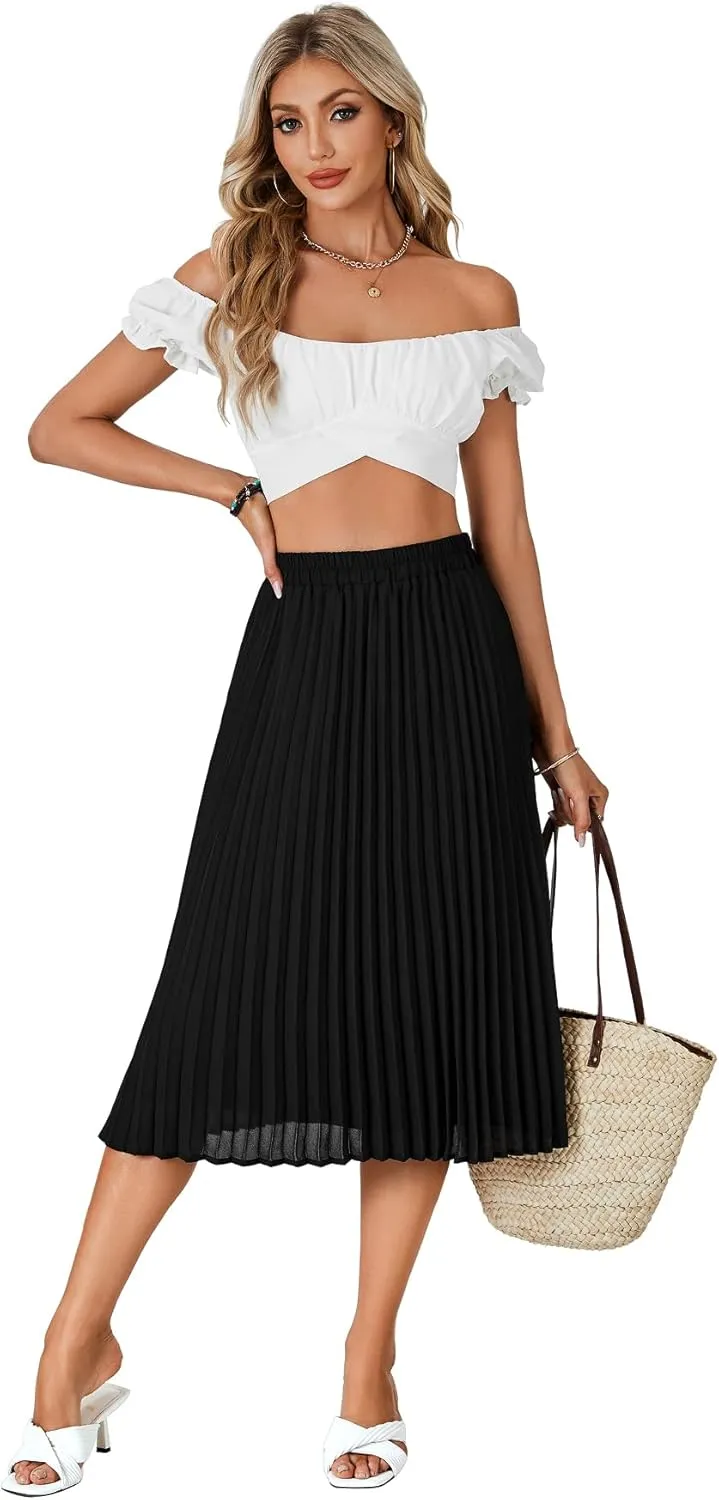 Rooscier Women's High Elastic Waist Pleated Chiffon Skirt Swing A-line Midi Skirts