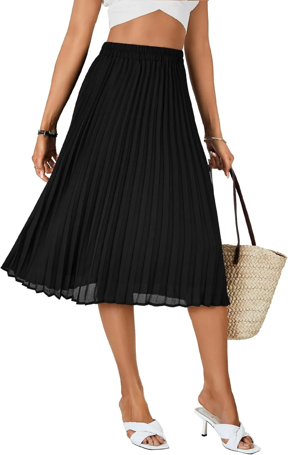 Rooscier Women's High Elastic Waist Pleated Chiffon Skirt Swing A-line Midi Skirts