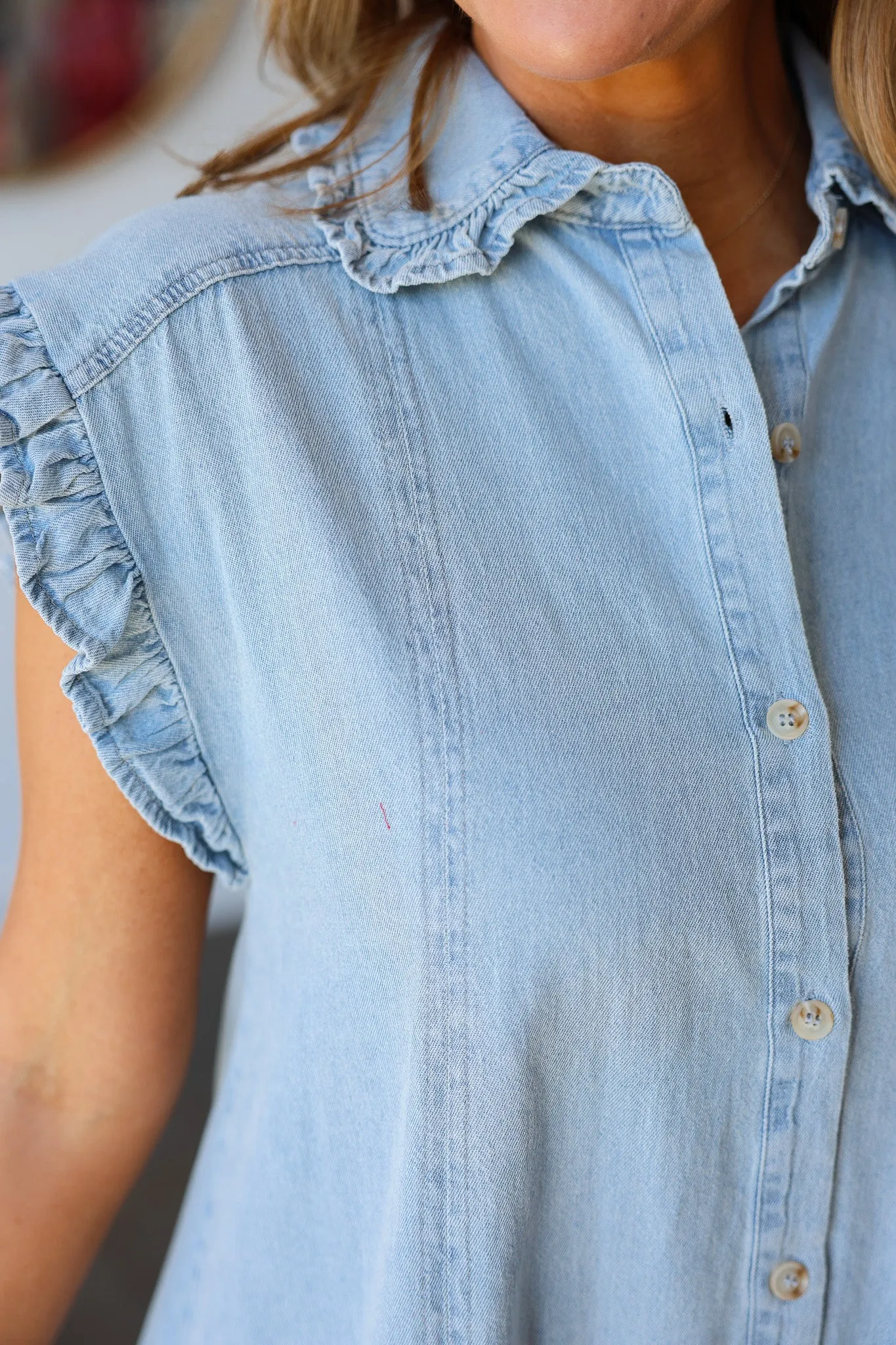 Ruffle Trim Denim Dress - Light Wash