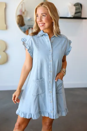 Ruffle Trim Denim Dress - Light Wash
