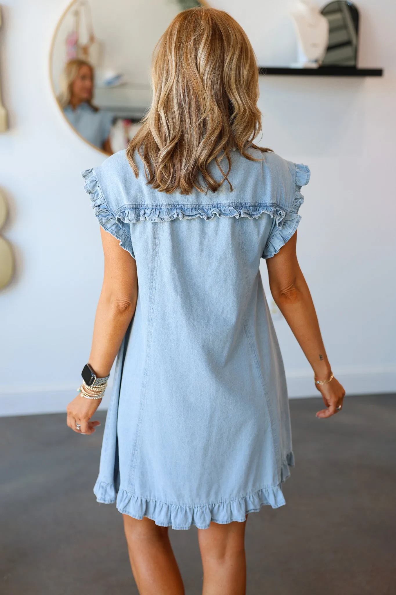 Ruffle Trim Denim Dress - Light Wash