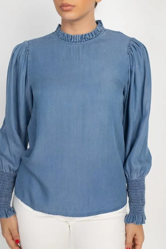 Ruffle Trim Denim Top