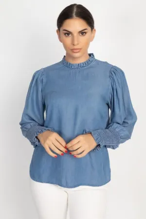 Ruffle Trim Denim Top