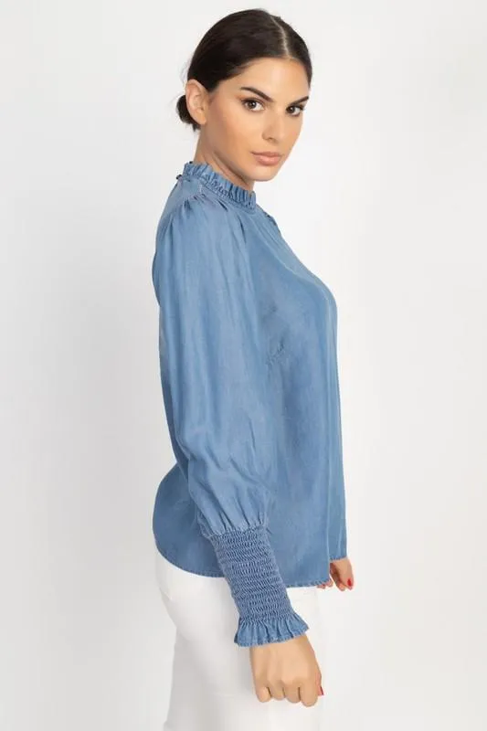 Ruffle Trim Denim Top